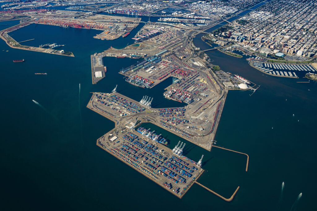 Port of Long Beach looking northwest from above Pier J.